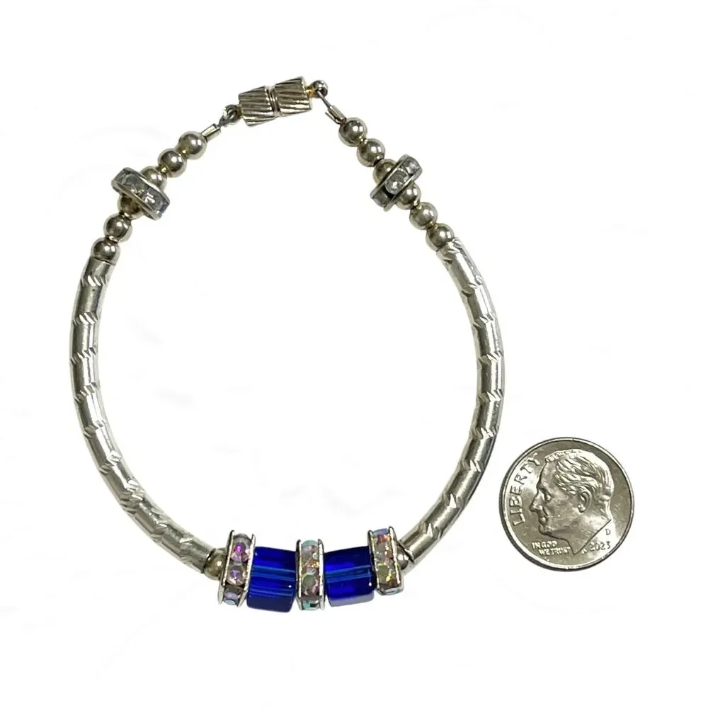 Vintage Bracelet Silver Tone Curved Metal Tube Bead Blue Square Aurora Borealis